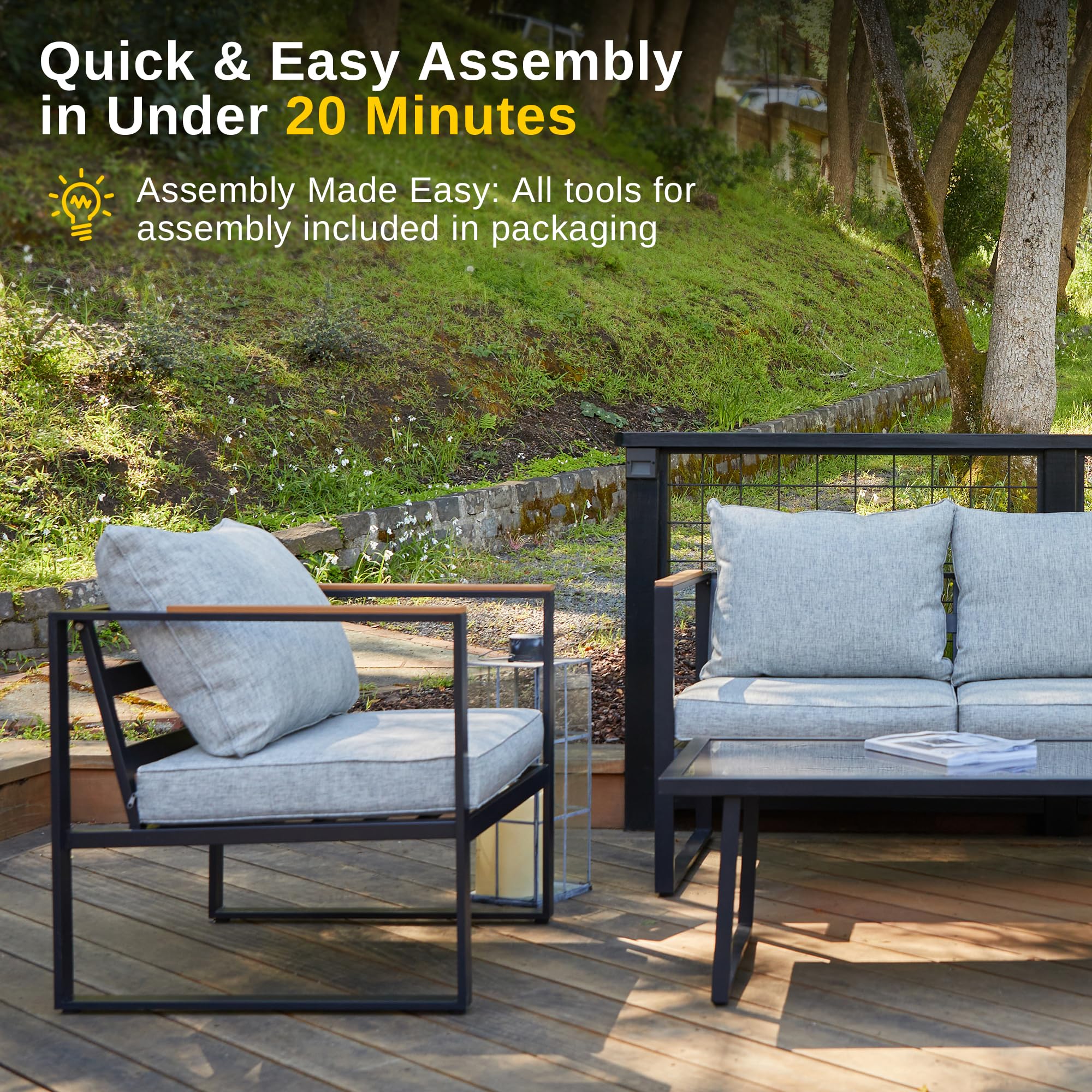 EAST OAK 4-Piece Outdoor Patio Furniture Set with Sofa, Washable Cushions & Tempered Glass Table - Light Gray & Black - Perfect for Backyard, Garden or Poolside Relaxation