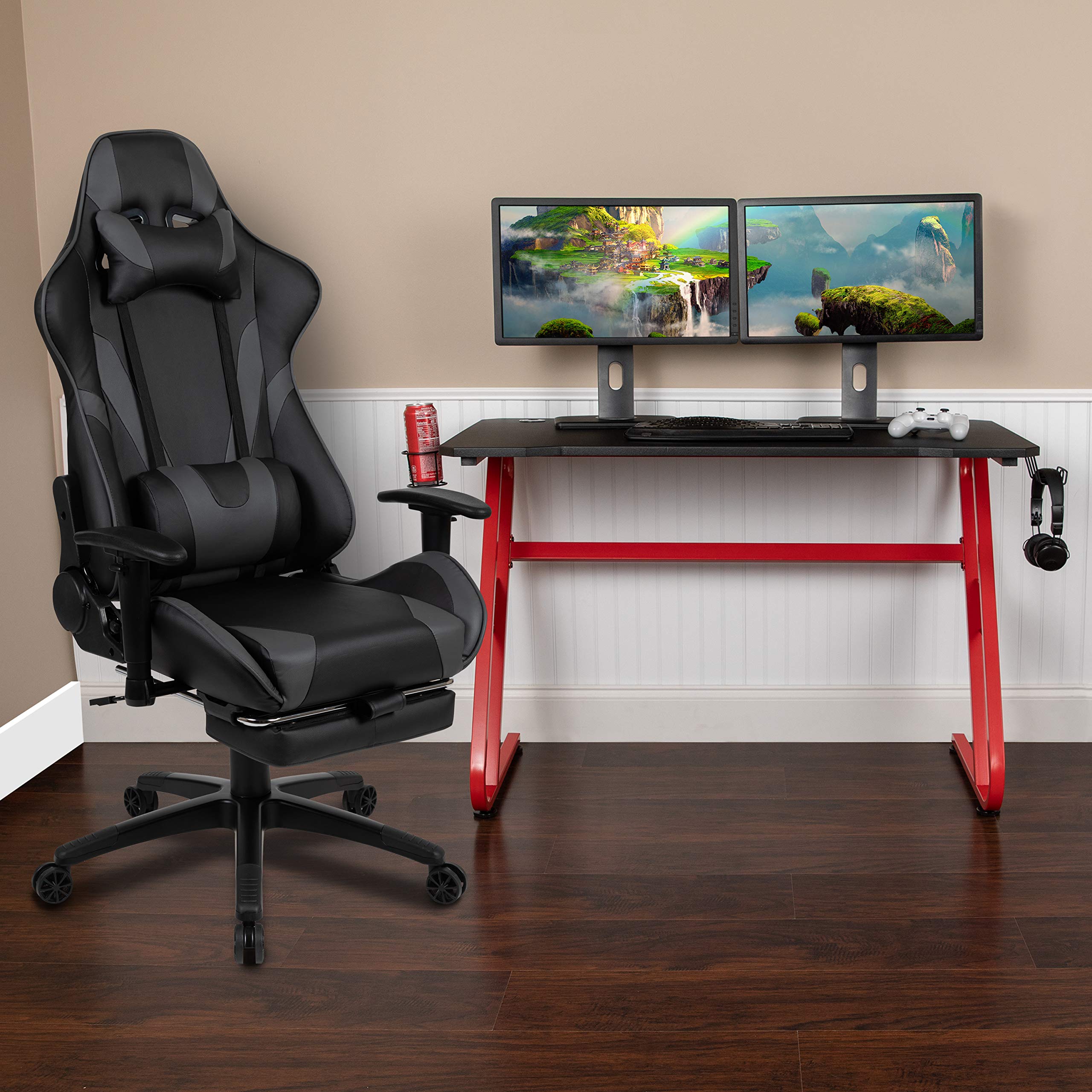 Flash Furniture Red Gaming Desk with Cup Holder & Headphone Hook + Gray Reclining Gaming Chair with Footrest - Perfect for Gaming Setup, Home Office & Streaming Stations