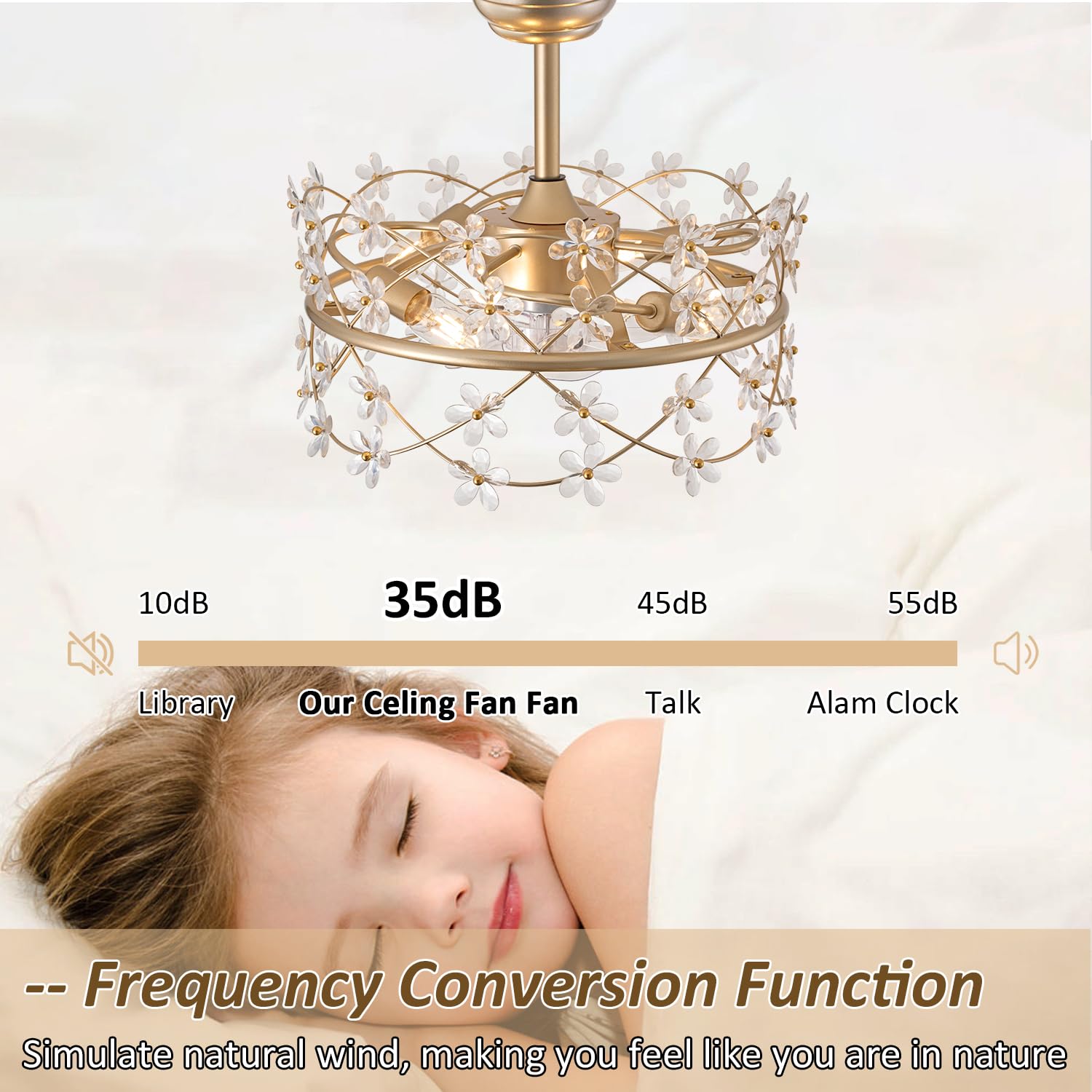 20 Inch Gold Caged Ceiling Fan with Light and Remote Control - Modern Crystal Flower Chandelier Fan with 6 Speed Settings - Perfect for Girls Bedroom, Living Room, Nursery and Home Decor