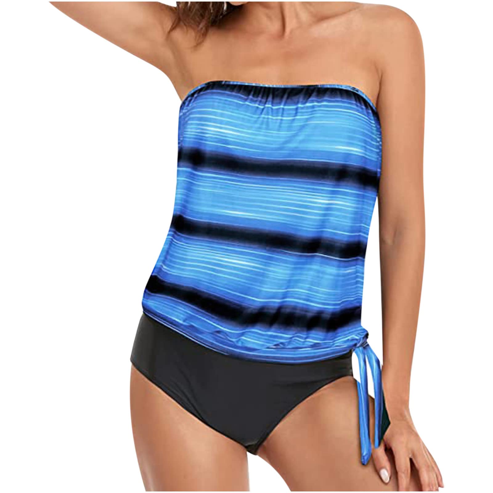 XUNRYAN Women's & Girls' Two-Piece Bandeau Tankini Swimsuits - Strapless Bathing Suits with Blouson Swim Tube Top & Shorts Set | Perfect for Beach, Pool & Summer Vacations