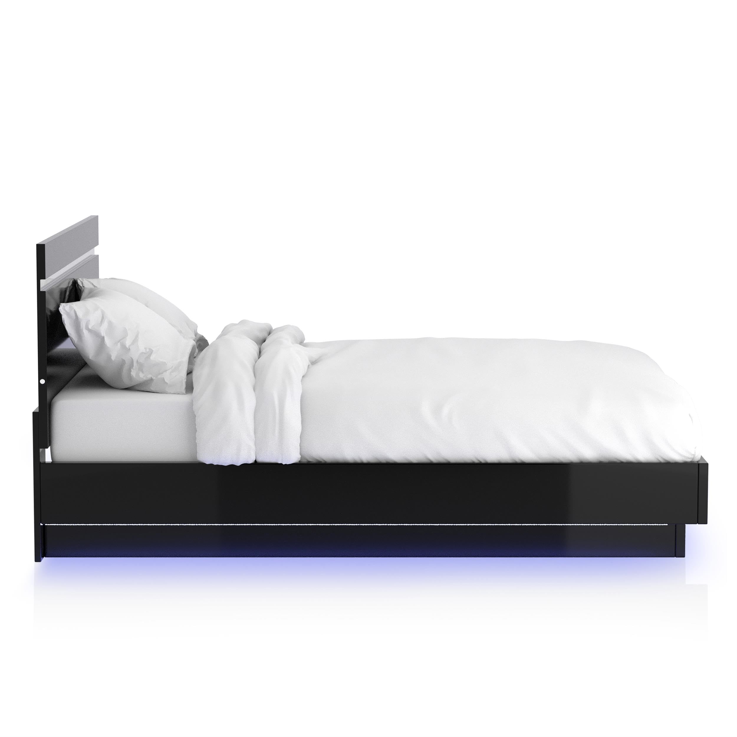 Furniture of America Malva Solid Wood Queen Bed with LED Lights - Modern Black Wooden Bed Frame for Bedroom, Home Decor & Nighttime Ambience