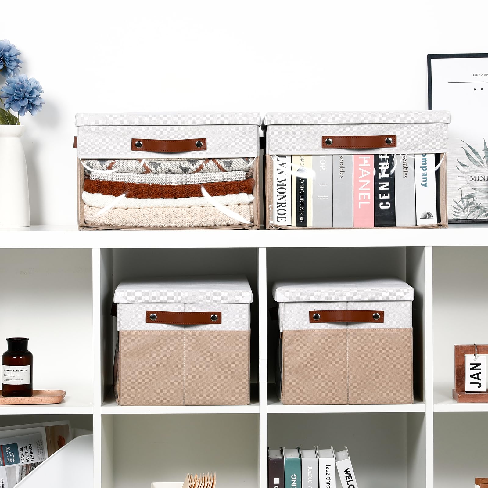 Bidtakay 4-Pack Collapsible Storage Bins with Lids & Clear Windows - 15 x 11 Inch Fabric Closet Organizer with Handles, Foldable Storage Baskets for Shelves, Clothes, Toys & Home Organization (White/Beige) - Perfect for Bedroom, Closet, Nursery & Office Storage Solutions