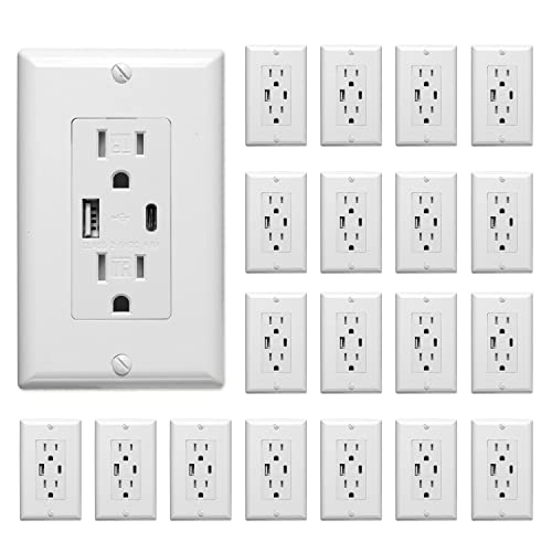 QPLUS 20-Pack USB Wall Outlet with Type C & A Ports, 15A Tamper-Resistant Receptacle, UL Listed - Fast Charging for Smartphones, Tablets & Devices in Home, Office & Hotel Rooms
