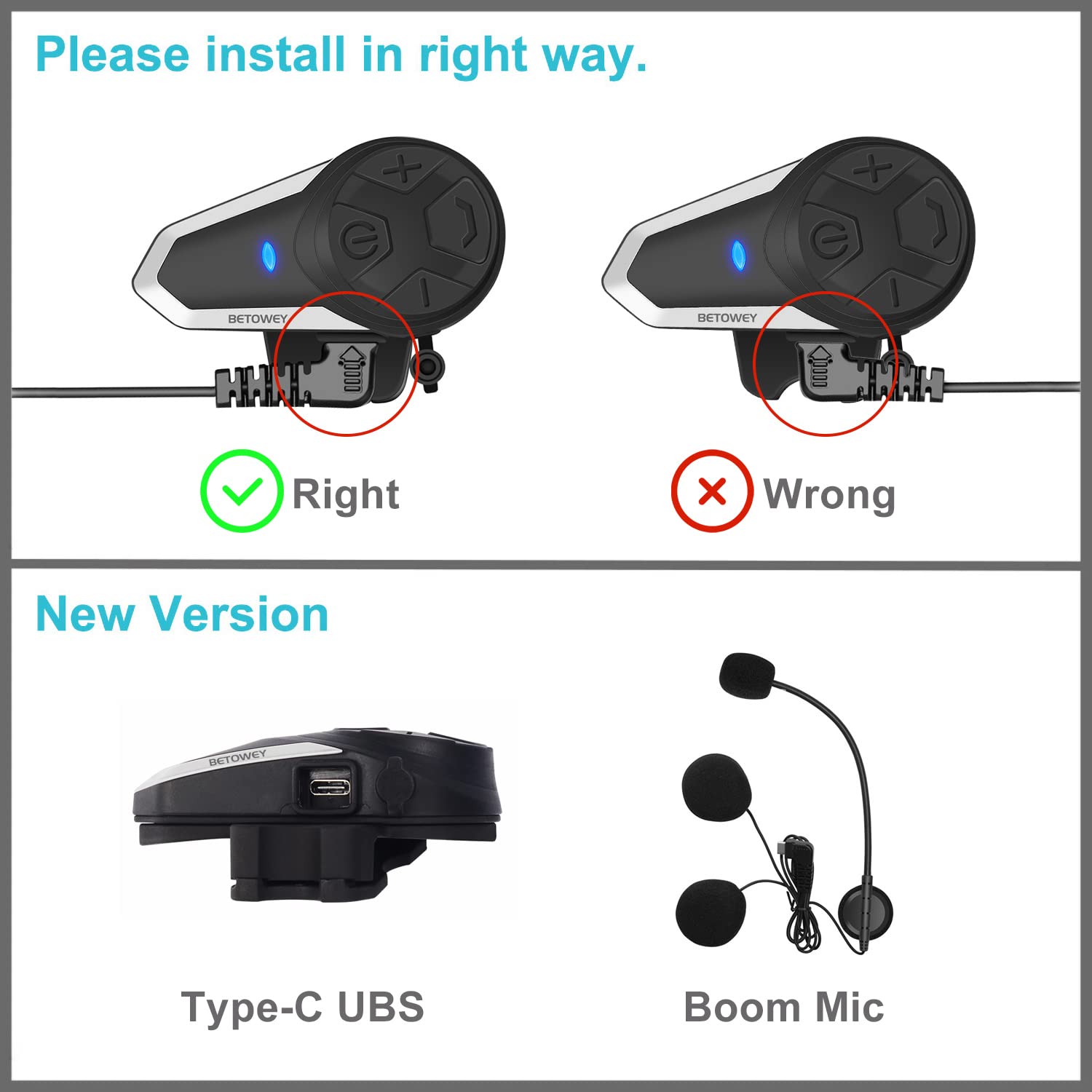 BETOWEY BT-S3 Bluetooth Motorcycle Intercom System - 2-Way Communication for Riders, Hands-Free Headset Built into Ski & Motorcycle Helmets - Perfect for Group Rides, Road Trips & Outdoor Adventures