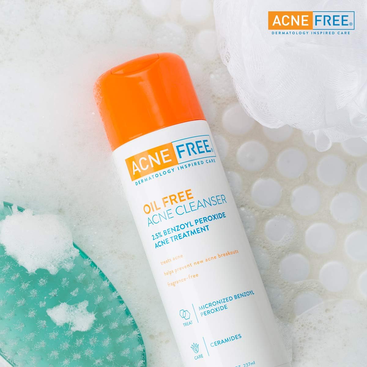 AcneFree Oil-Free Facial Cleanser with 2.5% Benzoyl Peroxide & Glycolic Acid - Acne Treatment & Prevention, Unscented 8 Fl Oz - Gentle Daily Wash for Oily, Acne-Prone Skin