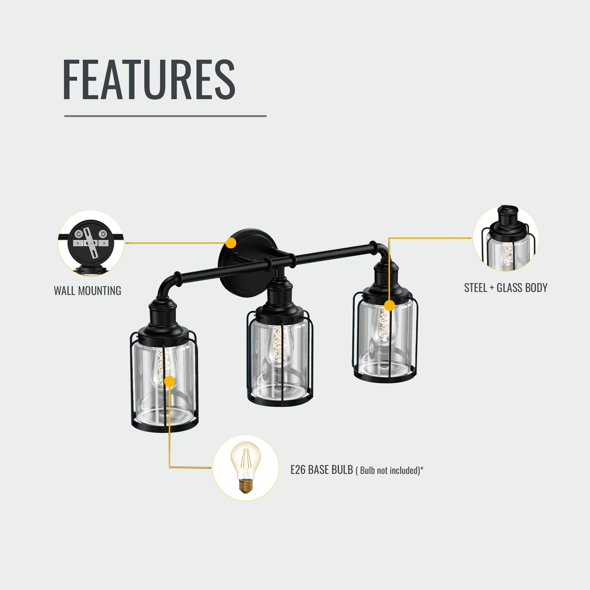 LED Vanity Light - 3-Light Matte Black Bathroom Mirror Lamp for Living Room & Bedroom