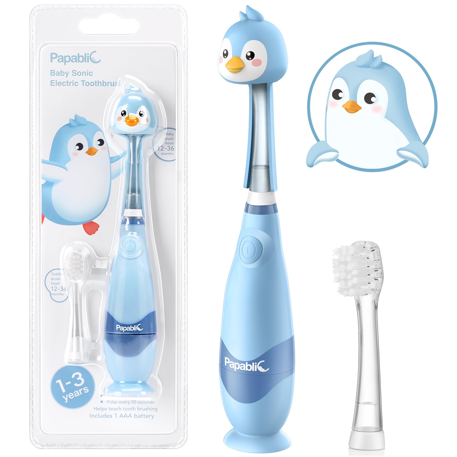 Papablic Sonic Electric Toothbrush for Kids Ages 1-3 | Soft Bristle Baby Toothbrush with Penguin Cover & 2-Minute LED Timer | 2 Replacement Brush Heads (Pippin) | Perfect for Toddler Dental Care & Early Brushing Habits