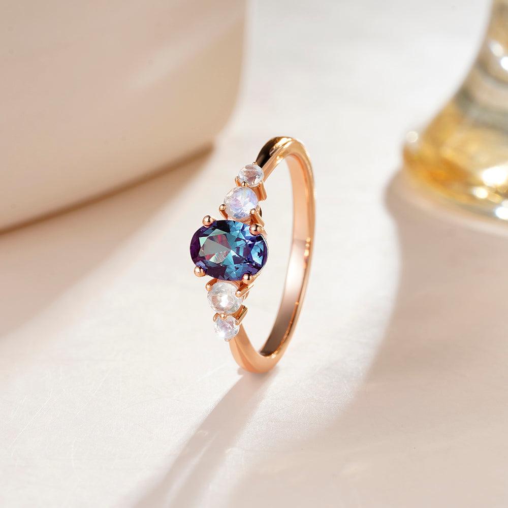 1.5 CT Oval Alexandrite Engagement Ring with Moonstone Accents - Elegant Wedding & Proposal Jewelry for Her, Perfect for Anniversaries & Special Occasions