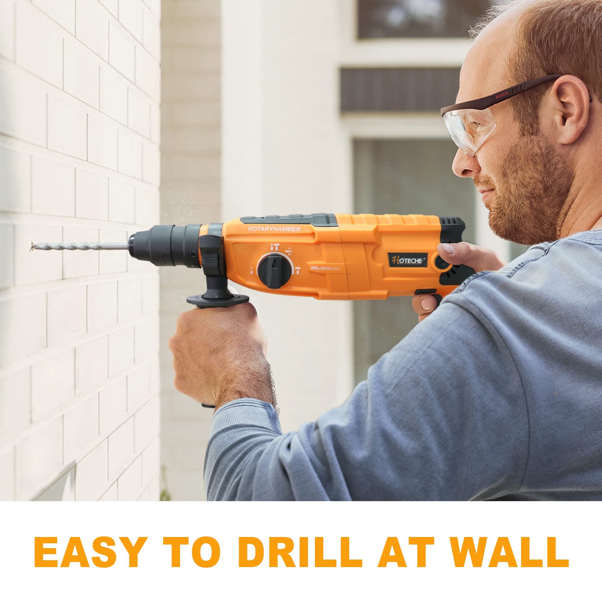 Hoteche 3-in-1 Rotary Hammer Drill 800W 6.7-Amp SDS Plus Electric Hammer with Variable Speed - 1/2 Inch Chuck, Drill Bits & Chisels Included - Perfect for Concrete Drilling, Demolition & Masonry Work