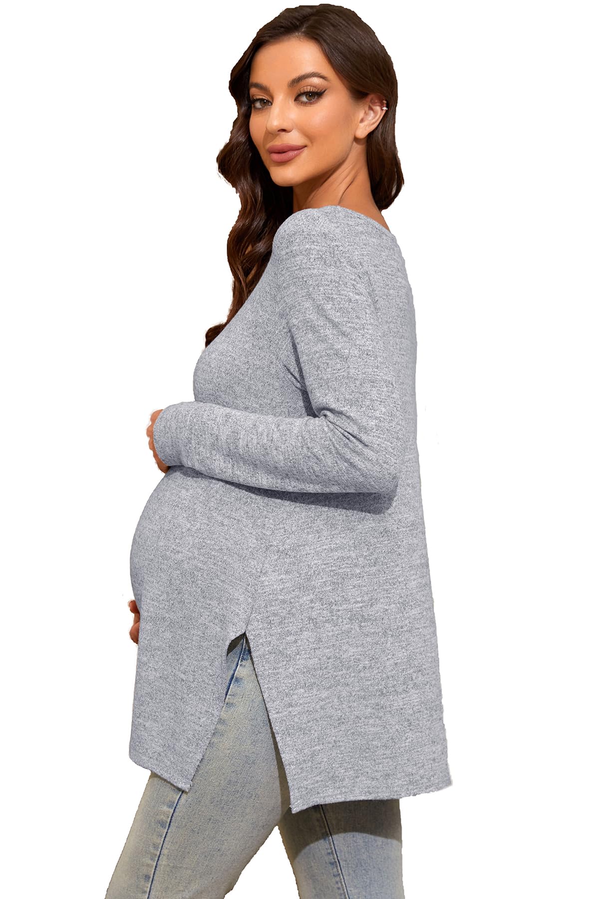 Smallshow Women's Maternity Shirts - Side Split Long Sleeve Pregnancy Tops for Nursing & Everyday Comfort | Perfect for Work, Casual Wear & Maternity Photos