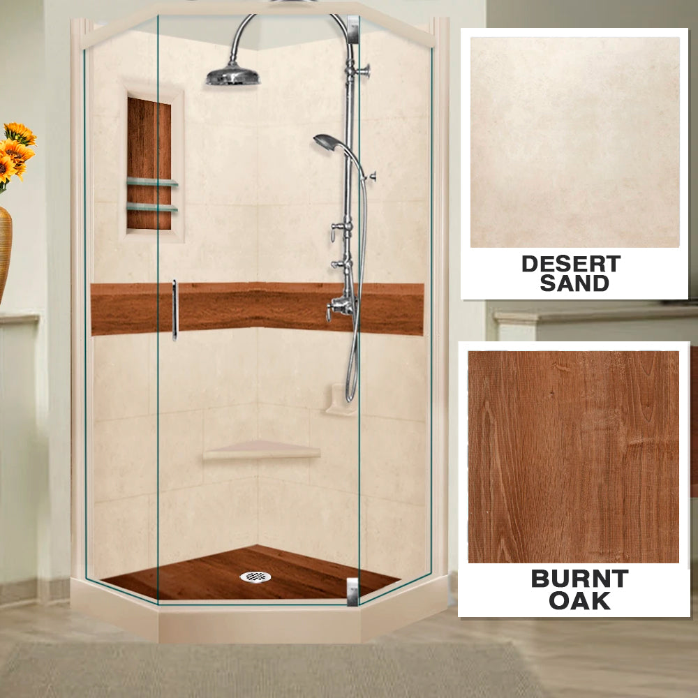 Neo Angle Desert Sand Sistine Stone & Burnt Oak Wood Shower Remodel Kit - DIY Waterproof Bathroom Upgrade for Modern Home Renovation | Perfect for Small Bathroom Makeovers and Spa-Like Shower Experiences