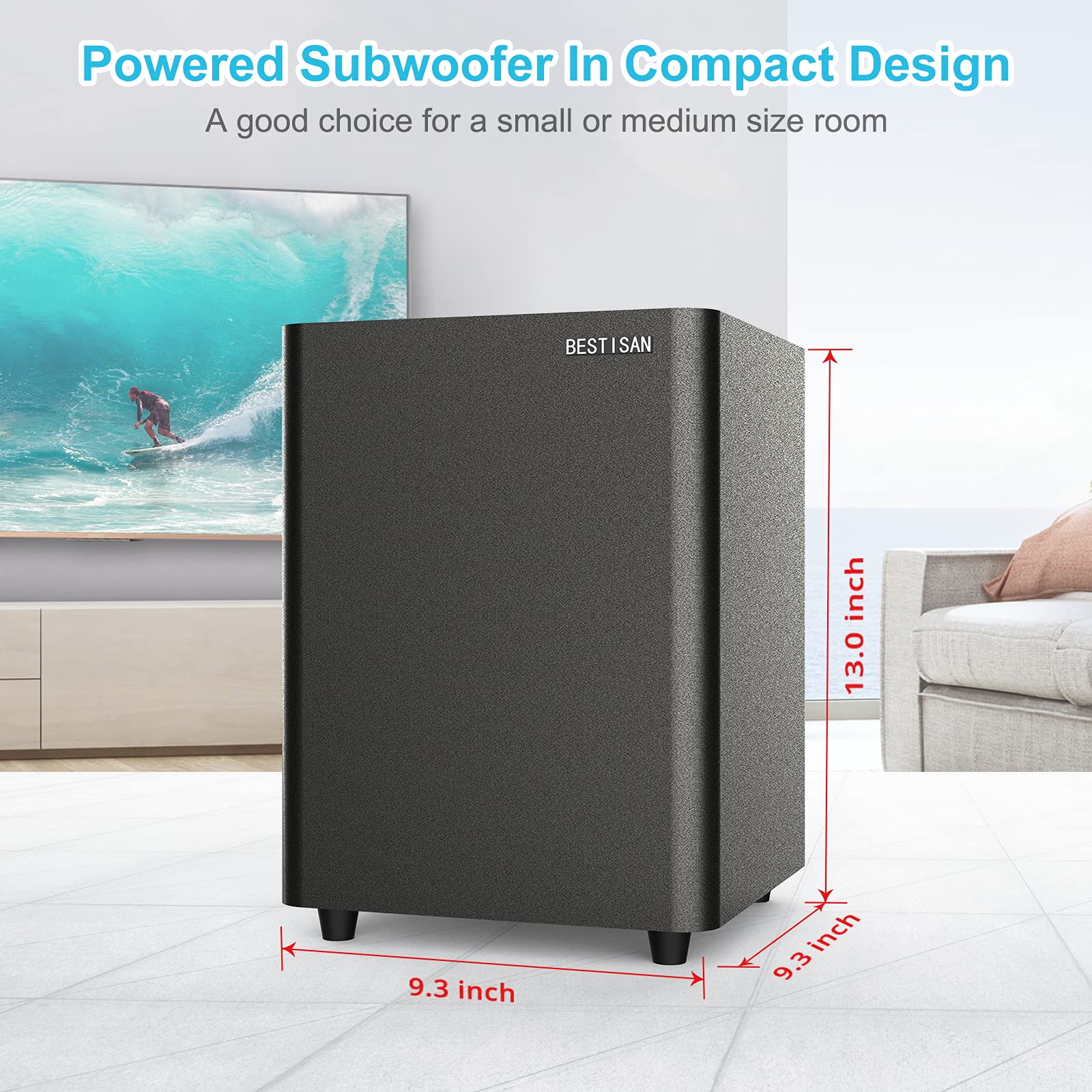 **BESTISAN Powered Subwoofer - Compact Down-Firing Deep Bass Subwoofer for Home Theater, TV & Audio Systems | Easy Setup with Included Coaxial Cable | Perfect for Movies, Music & Gaming (Black)**