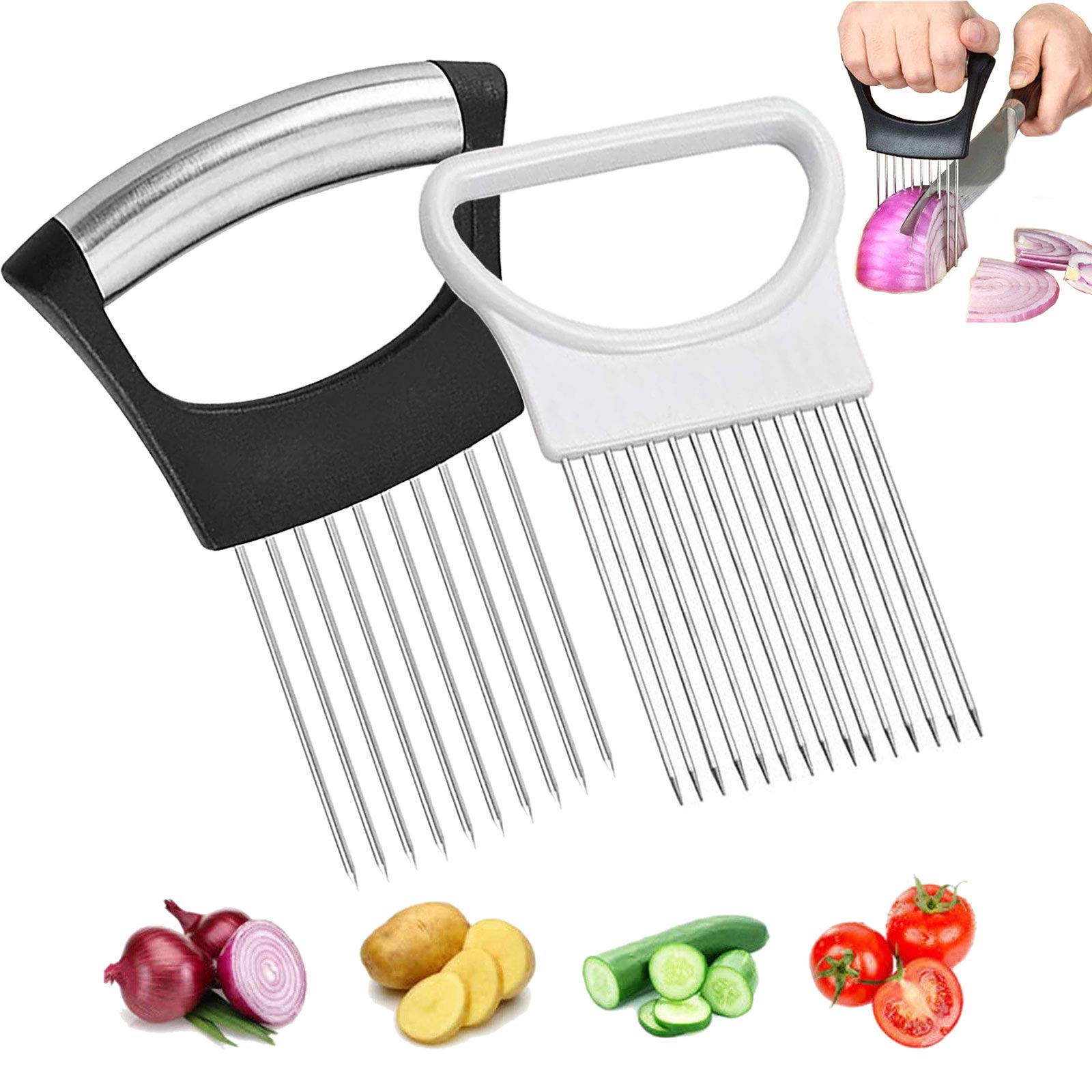 Stainless Steel Onion Holder & Vegetable Slicer - 2-Piece Kitchen Tool for Cutting Tomatoes, Lemons, Potatoes, Carrots - Perfect for Meal Prep, Salad Making & Cooking Accessories
