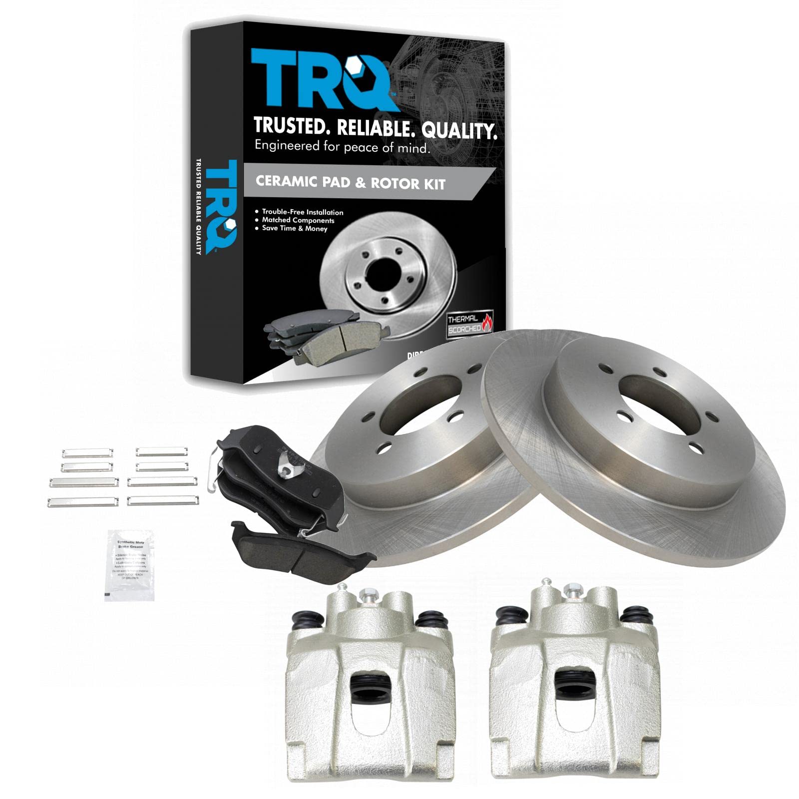 TRQ Rear Brake Pad and Rotor Kit - Ceramic Brake Pads & Solid Rotors - Compatible with 2006-2010 Ford Explorer, 2007-2010 Explorer Sport Trac, Mercury Mountaineer - Perfect for Smooth Braking and Enhanced Safety on Highways and City Driving