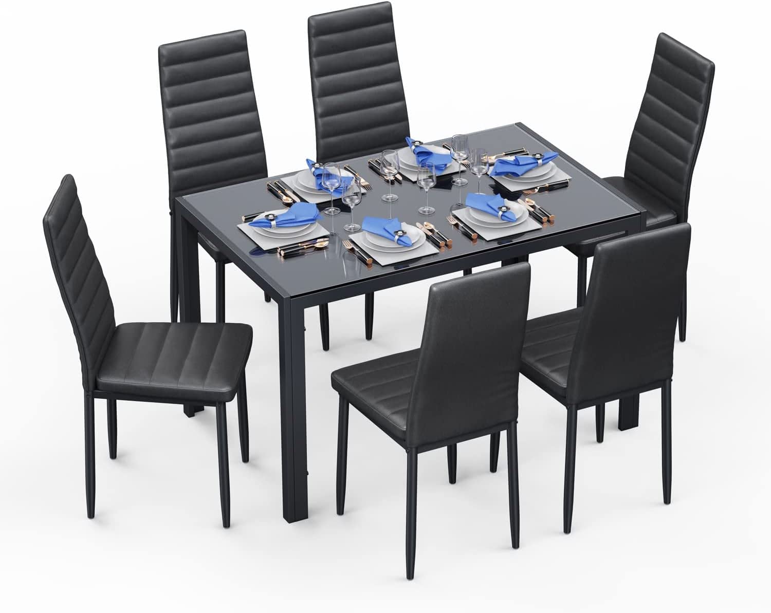 Bealife 7-Piece Modern Dining Table Set with Tempered Glass Top & 6 Chairs - Black Kitchen Table for Home, Living Room, Dining Room | Perfect for Family Gatherings & Dinner Parties