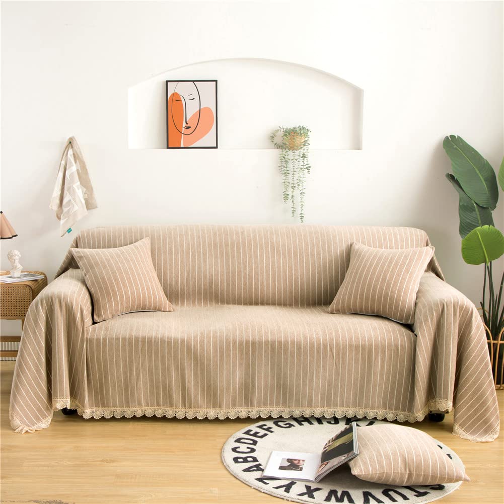 Premium Non-Slip Chenille Sofa Slipcover - Coffee White Stripe Design for 3-Cushion Couches (71