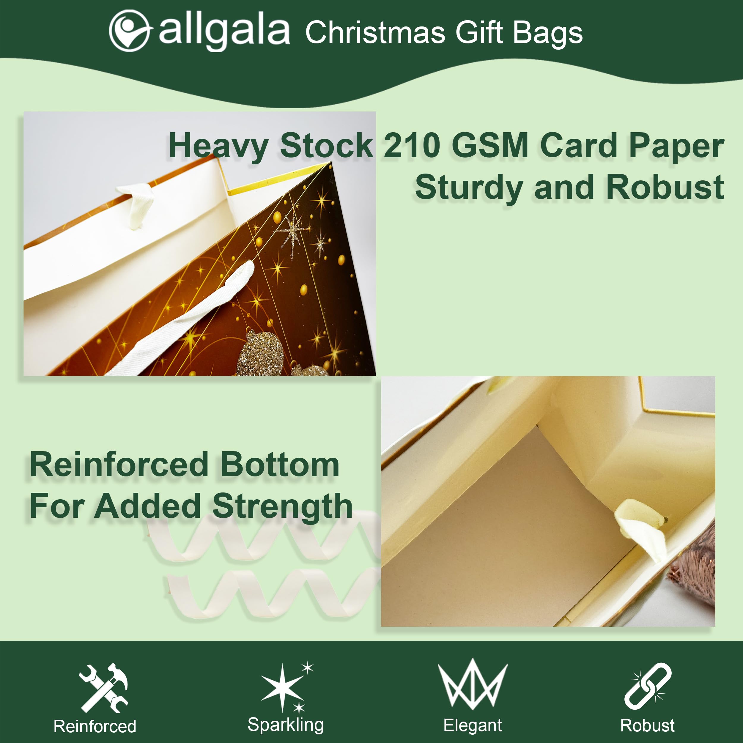 Allgala 12-Pack Premium Golden Christmas Gift Bags - 13 Inch Heavy Stock Paper Holiday Gift Bags with Festive Prints - Perfect for Christmas Party Favors, Holiday Gift Wrapping & Secret Santa Exchanges