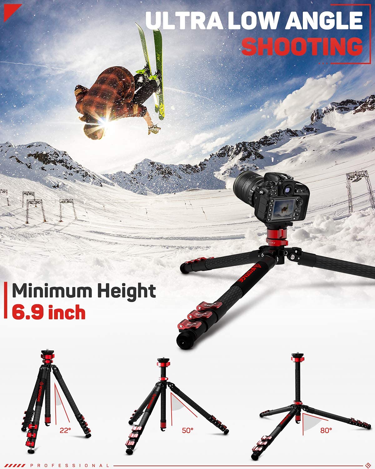 IFOOTAGE Carbon Fiber Tripod with Fluid Head - 13.2lbs Load for Travel & Video Shooting