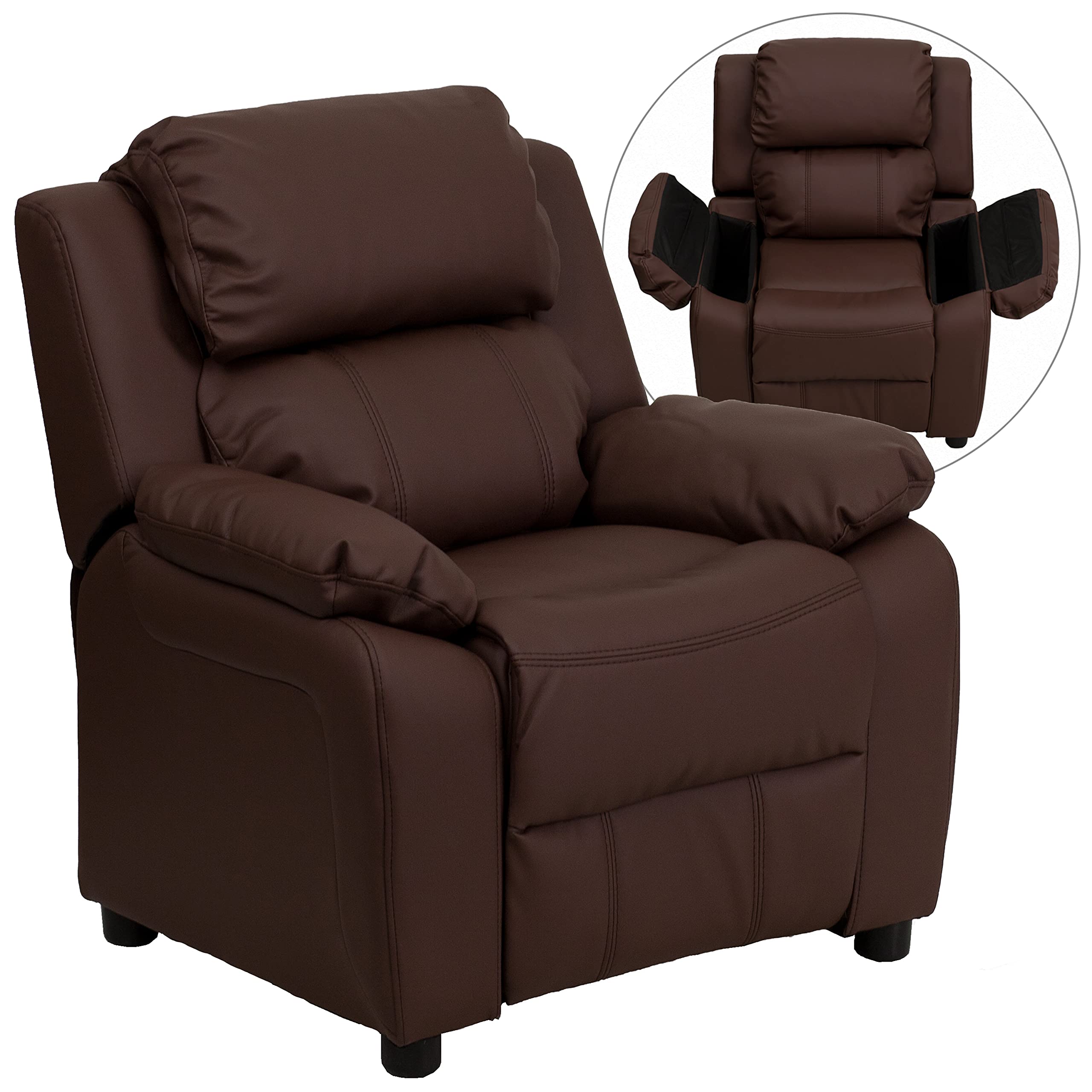 Flash Furniture Deluxe Padded Kids Recliner Chair - Brown LeatherSoft Upholstery, Storage Arms, Modern Design for Bedroom & Playroom