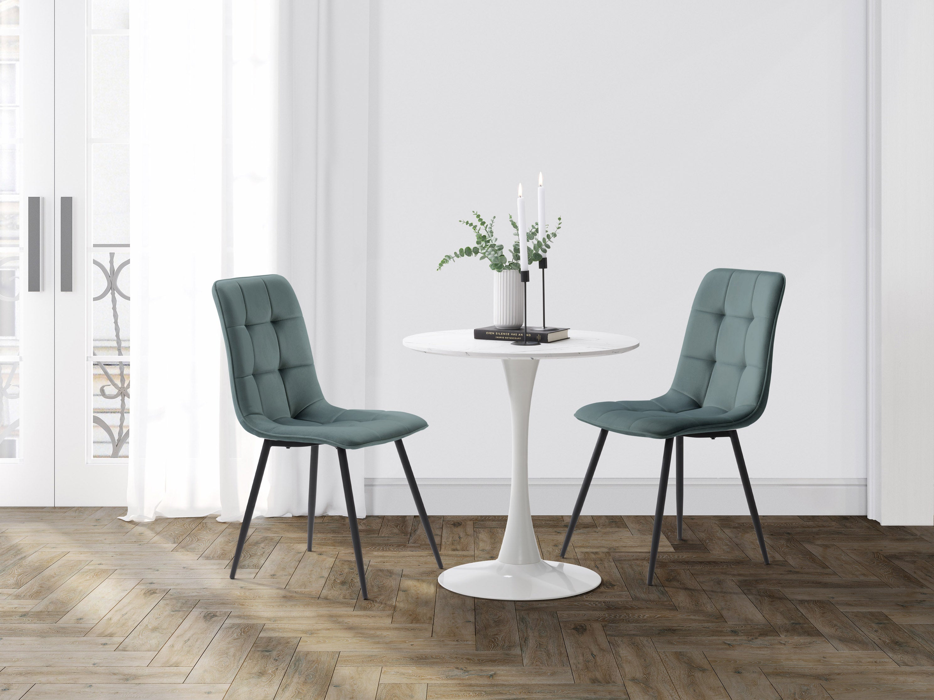 Teal Grey Velvet Upholstered Dining Chairs - Set of 2 Modern Comfortable Kitchen Chairs for Dining Room, Breakfast Nook, and Home Decor