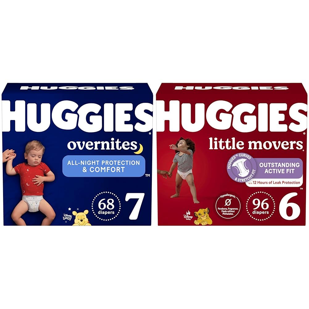 HUGGIES Overnight Diapers Size 7 & Little Movers Disposable Baby Diapers Size 6 - Ultra Absorbent for Leak Protection, Comfort Fit for Active Babies - Perfect for Nighttime Sleep and Daytime Play
