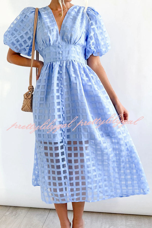 Elegant Square Pattern Puff Sleeve Midi Dress for Women - Perfect for Summer Weddings, Garden Parties & Date Nights