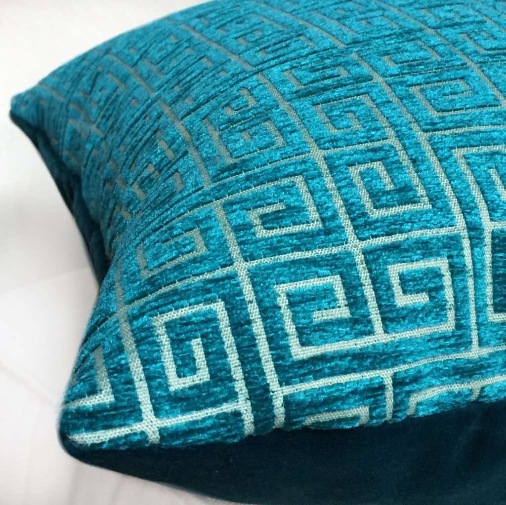 Robert Allen Bright Turquoise Teal Green Textured Greek Key Pillow Cover - Decorative Throw Pillow for Sofa, Bed, Couch - Home Decor Accent for Living Room, Bedroom