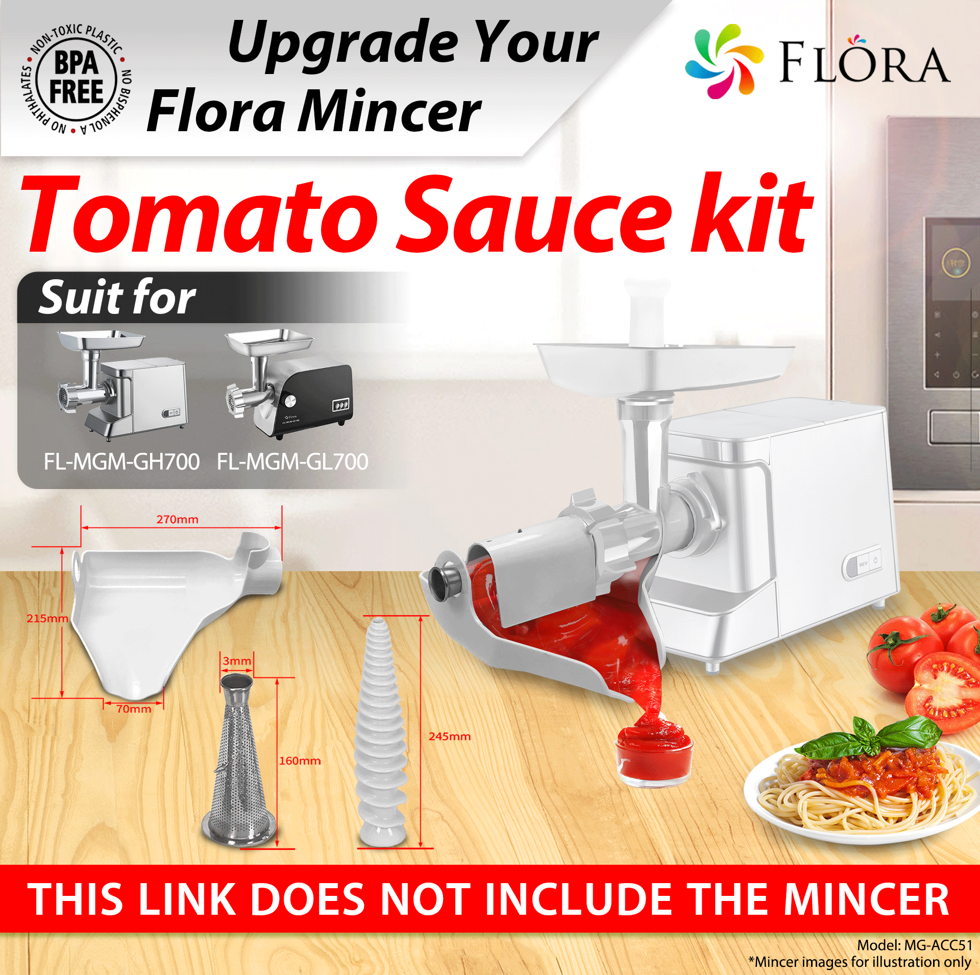 Flora 700 Series Electric Meat Grinder & Tomato Sauce Maker Kit - Heavy Duty Stainless Steel Mincer for Home Kitchen - Perfect for Ground Beef, Sausages & Pasta Sauce - AU Stock