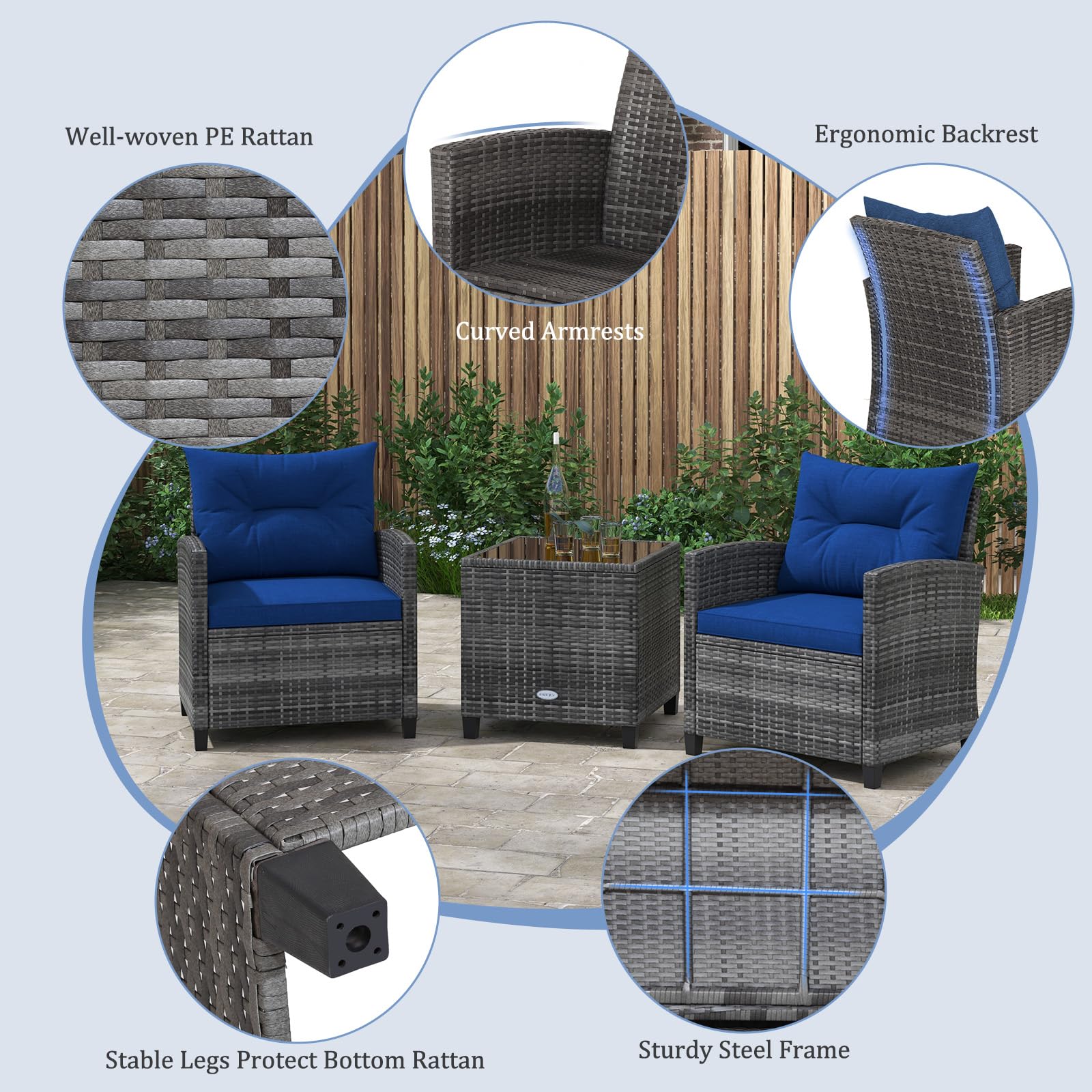 **KOTEK 3-Piece Outdoor Patio Furniture Set - PE Rattan Wicker Chairs & Tempered Glass Table with Washable Cushions - Navy Blue - Perfect for Porch, Garden, Balcony, and Backyard Relaxation**