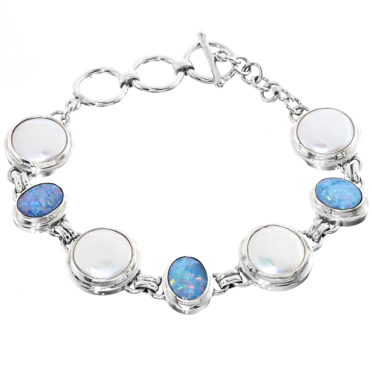 925 Sterling Silver Bracelet with White Freshwater Cultured Pearls & Australian Opal | 7