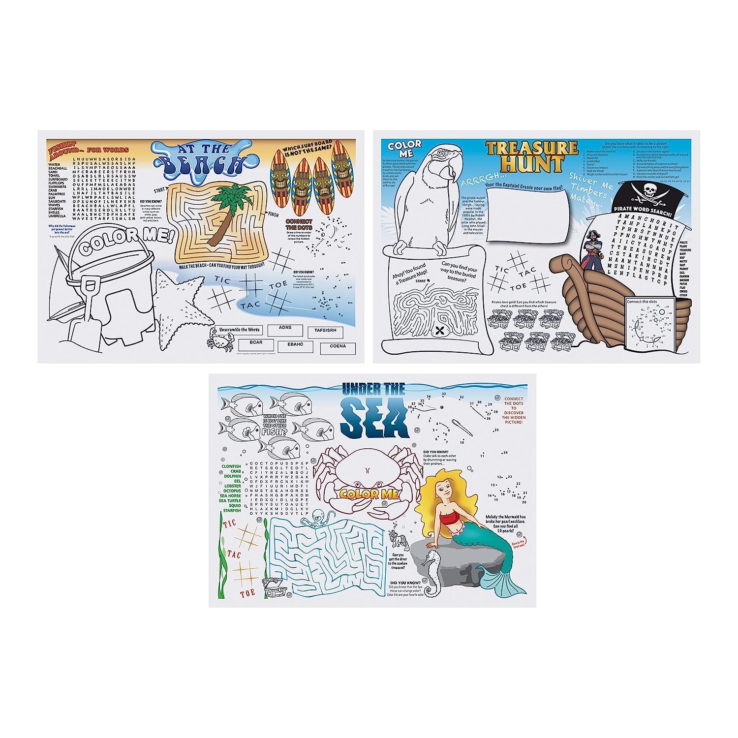 Hoffmaster 702088 Seashore Games Multipack Placemats - 3 Unique Designs, 10