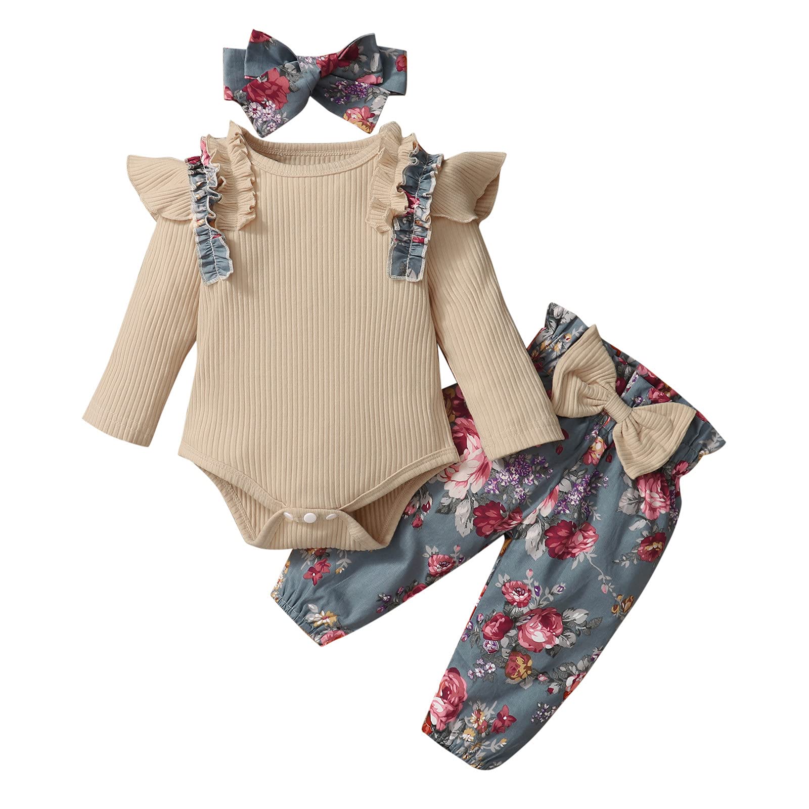**Baby Girls' Floral Print Long Sleeve Romper & Headband Set – Soft Ruffled Bodysuit & Pants Outfit for Infants – Perfect for Photos, Parties & Everyday Wear**