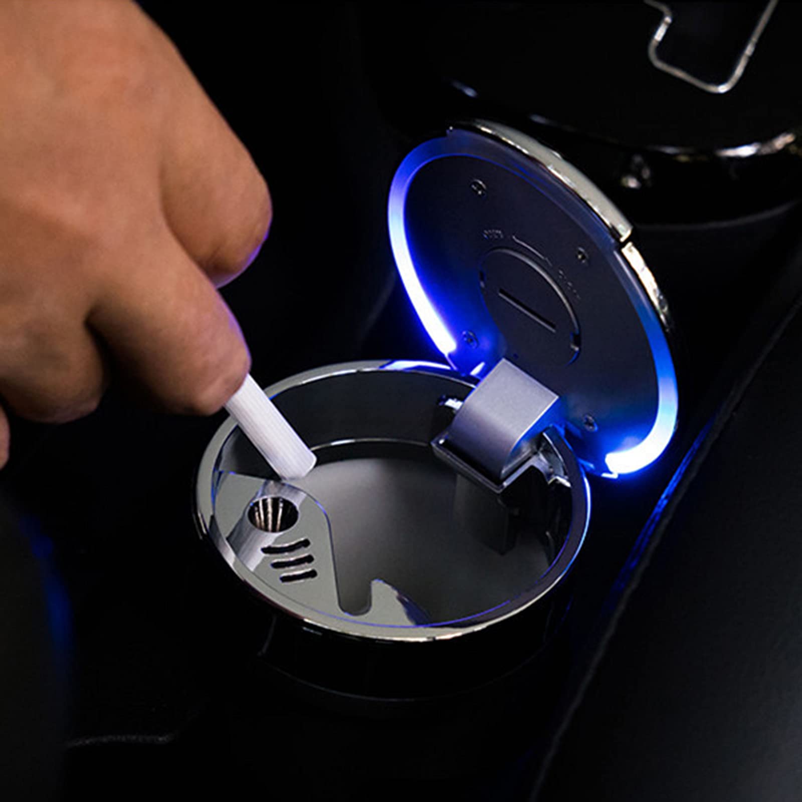 Premium Car Ashtray with Lid & Blue LED Light - Large Capacity Metal Car Garbage Can for Smoking - Perfect for Road Trips, Commuting & Car Decor Accessories