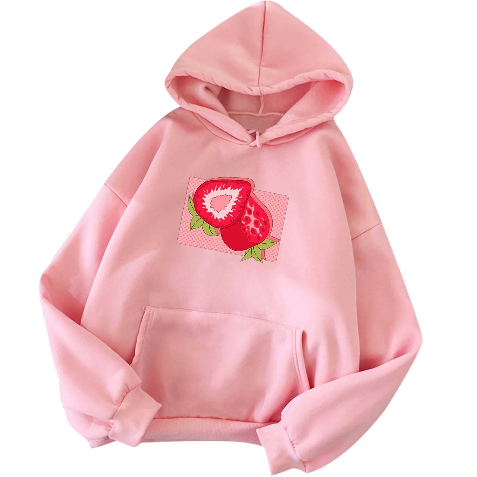 Women's Cute Strawberry Print Graphic Hoodie - Pink Loose Fit Long Sleeve Casual Top for Streetwear, Loungewear & Spring Fashion