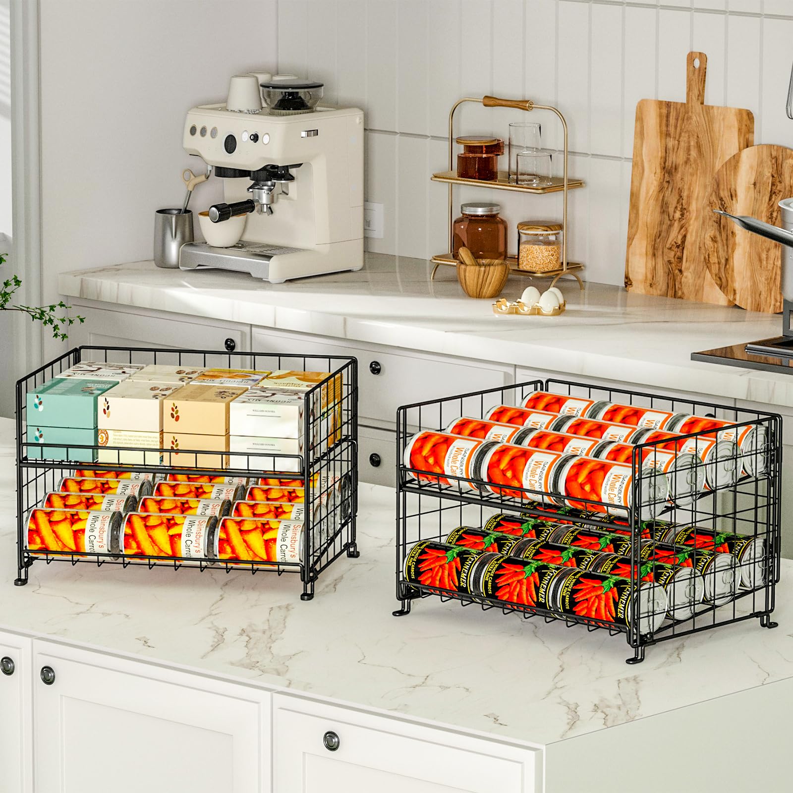 2-Pack Stackable Kitchen Pantry Organizer - Space-Saving Cabinet Storage for Food, Snacks & Soda Cans - Multifunctional Dispenser for Pantry, Office or Dorm Room Organization