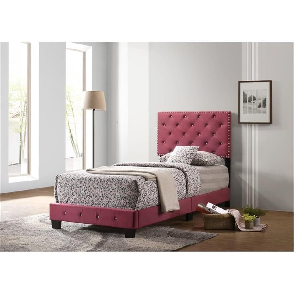 Glory Furniture Suffolk Velvet Upholstered Twin Bed Frame with Cherry Finish - Perfect for Kids' Bedroom, Guest Room & Small Spaces