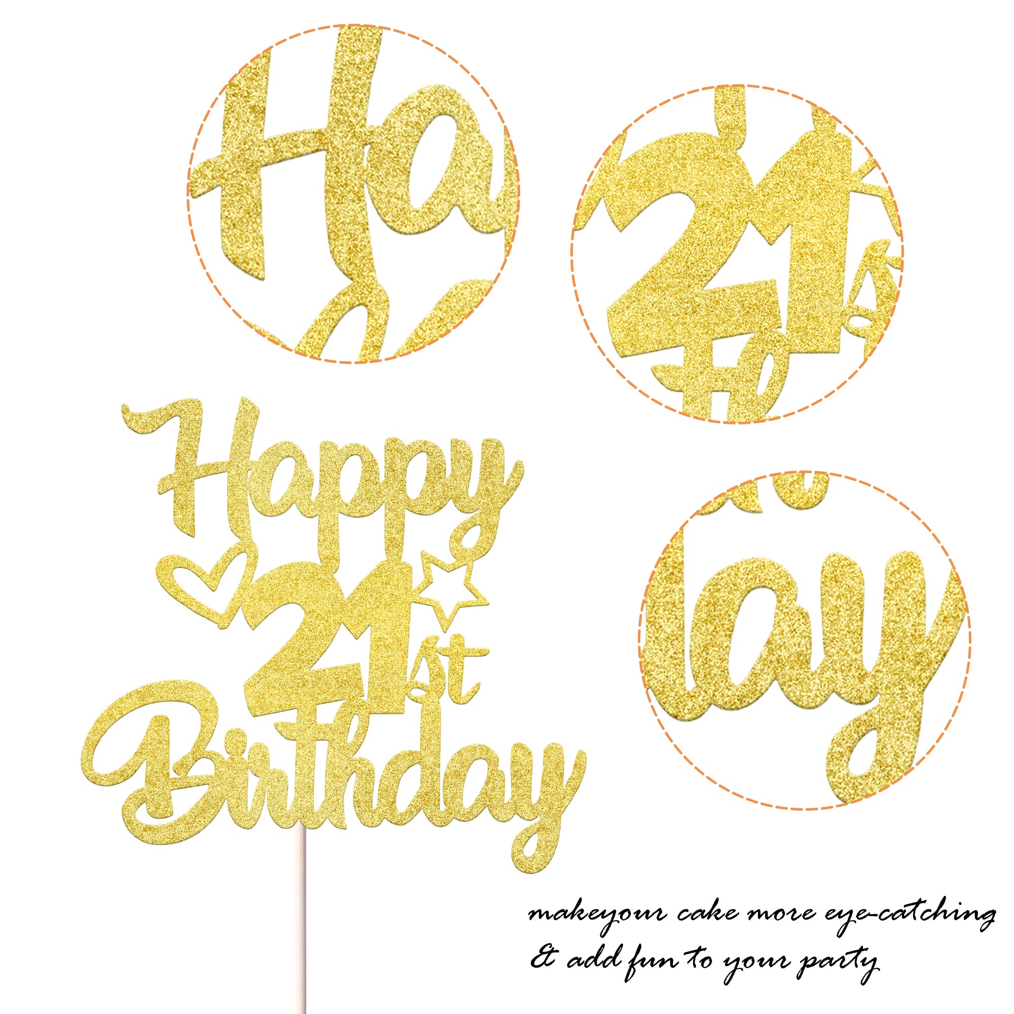 21st Birthday Cake Topper - Glitter Heart & Star Cake Decorations for 21st Birthday Party Supplies (Black) | Perfect for 21st Birthday Cakes, Cupcakes & Party Decorations