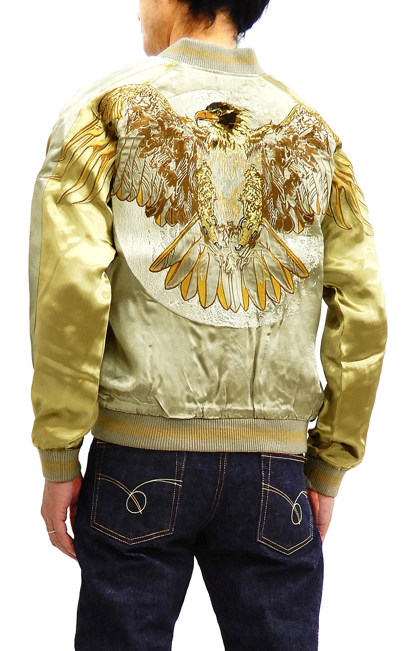 Satori Script Men's Japanese Souvenir Jacket - Hawk Embroidery Sukajan Bomber Jacket GSJR 018 in Beige & Gold - Perfect for Streetwear, Cosplay, and Vintage Fashion Enthusiasts