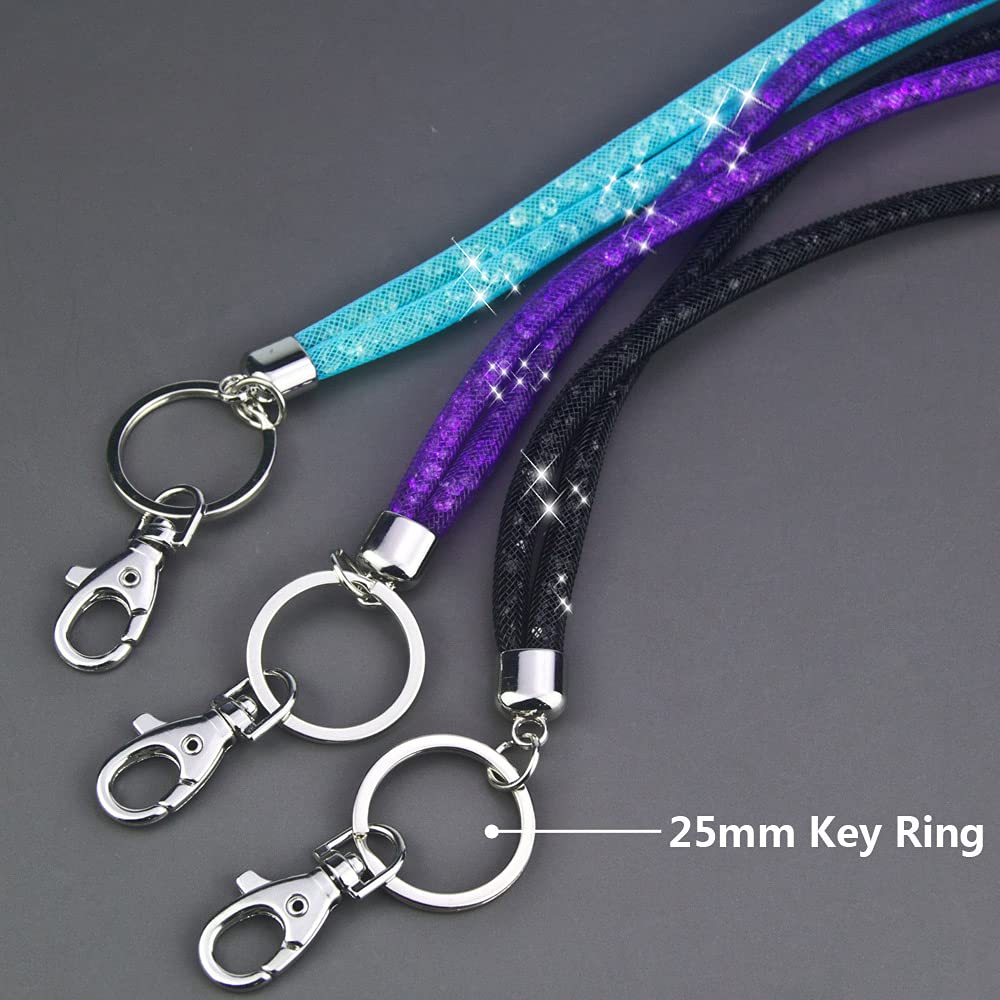 3 Pack Bling Lanyards for ID Badge & Keys - Women's Necklace Style (Black/Blue/Purple) for Work & Events
