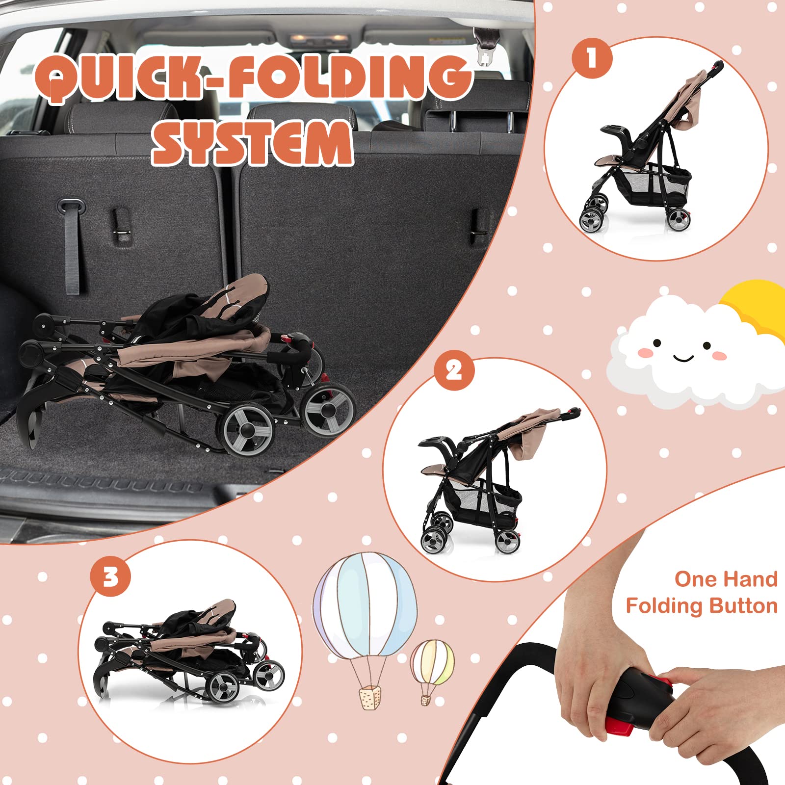 HONEY JOY Lightweight Compact Travel Stroller for Toddlers & Infants - Adjustable Canopy, Reclining Backrest, Storage Basket - Airplane Approved Foldable Umbrella Stroller (Coffee) - Perfect for Air Travel, Shopping, and Daily Walks
