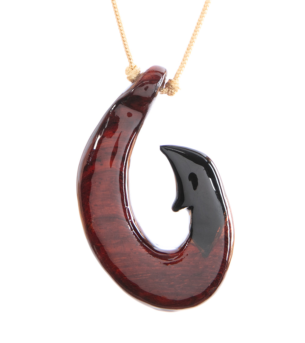Handcrafted Paduk and Ebony Wood Ulua Hook Pendant - Hawaiian Style Necklace for Men & Women - Perfect for Beach, Surfing, and Outdoor Adventures