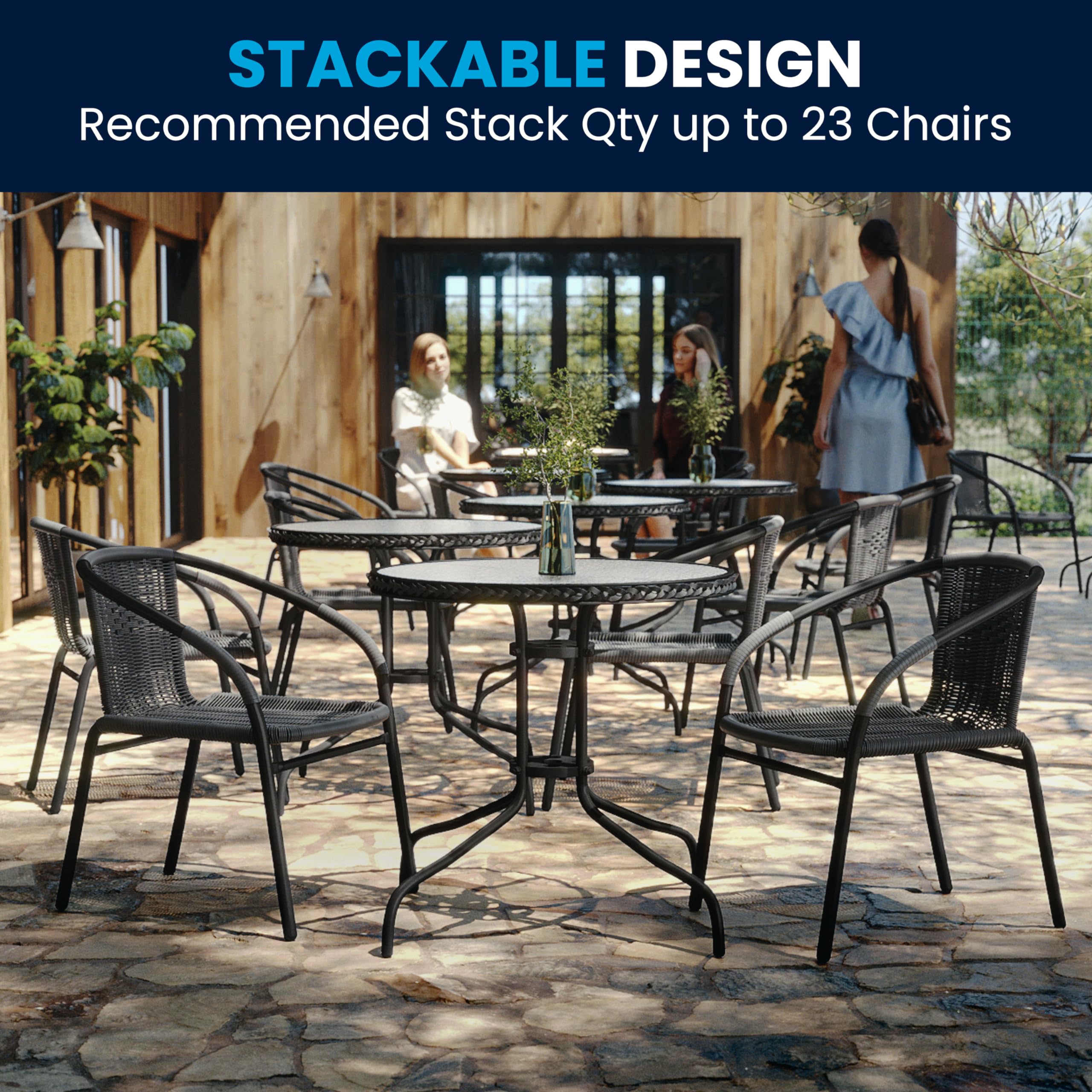 Flash Furniture 3-Piece Outdoor Dining Set - Round Glass Top Metal Table with 2 Stackable Wicker Chairs, Gray Bistro Set for Patio, Garden, Balcony & Backyard Relaxation