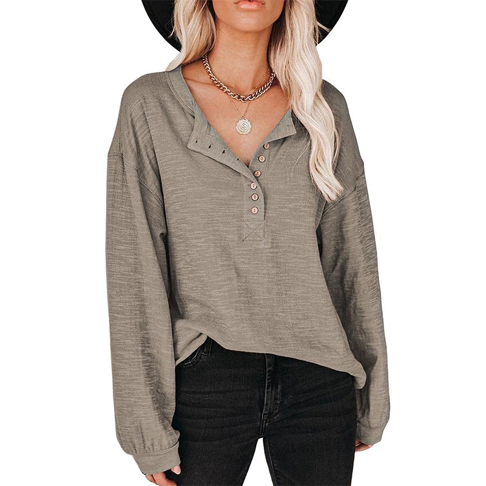 ZOCANIA Women's Waffle Knit Tunic Top - Loose Fit Long Sleeve Button Up Henley Shirt with V-Neck | Casual Fall & Winter Layering Piece for Work, Travel & Everyday Wear
