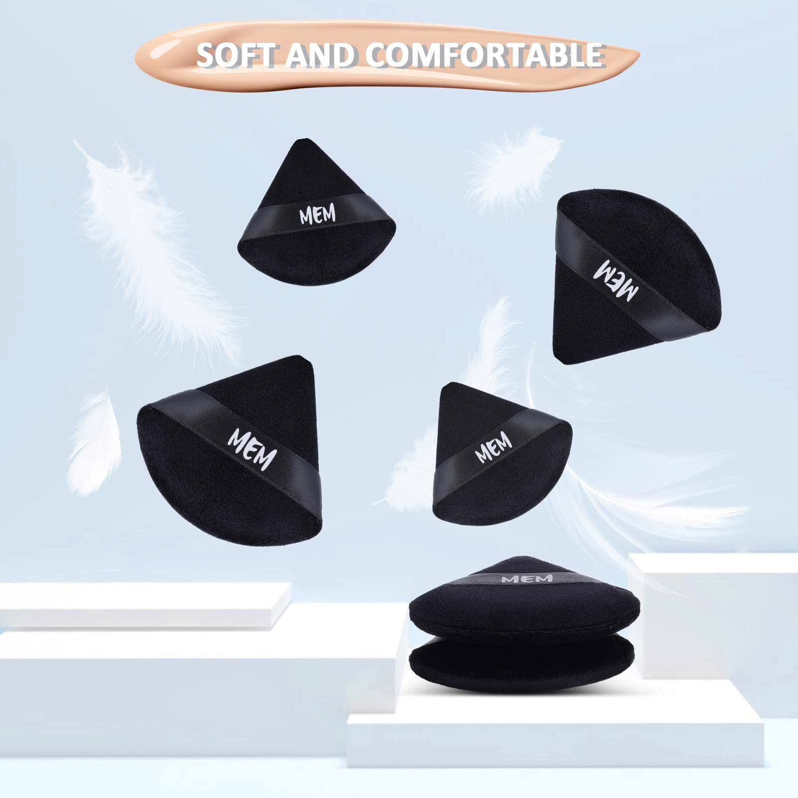 8-Piece MEM Triangle Powder Puff Set - Soft Velour Makeup Sponges for Loose & Pressed Powder Application (Wet/Dry Use) | Skin-Friendly Beauty Blenders with Satin Ribbon Handle | Perfect for On-the-Go Touchups & Professional Makeup Application