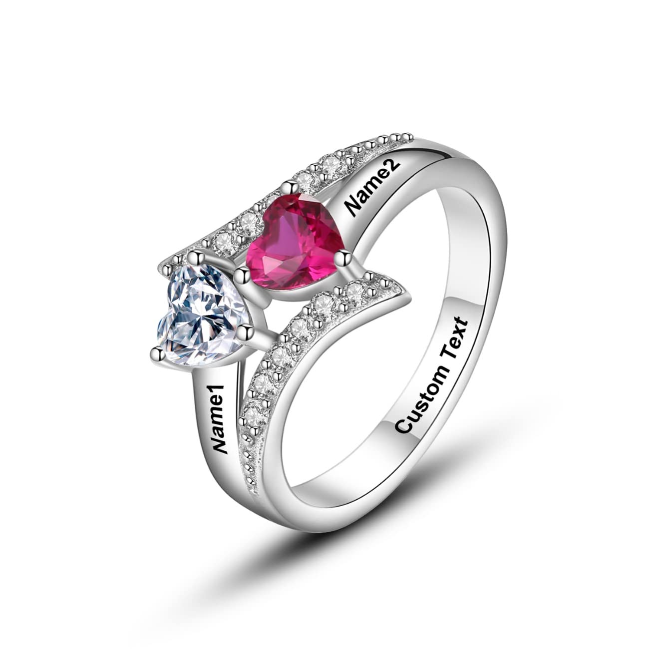 Personalized Engraved 2 Birthstone Double Heart Promise Ring for Couples, Mother Daughter - Custom Name & Date Jewelry Gift for Anniversary, Valentine's Day, Wedding Proposal