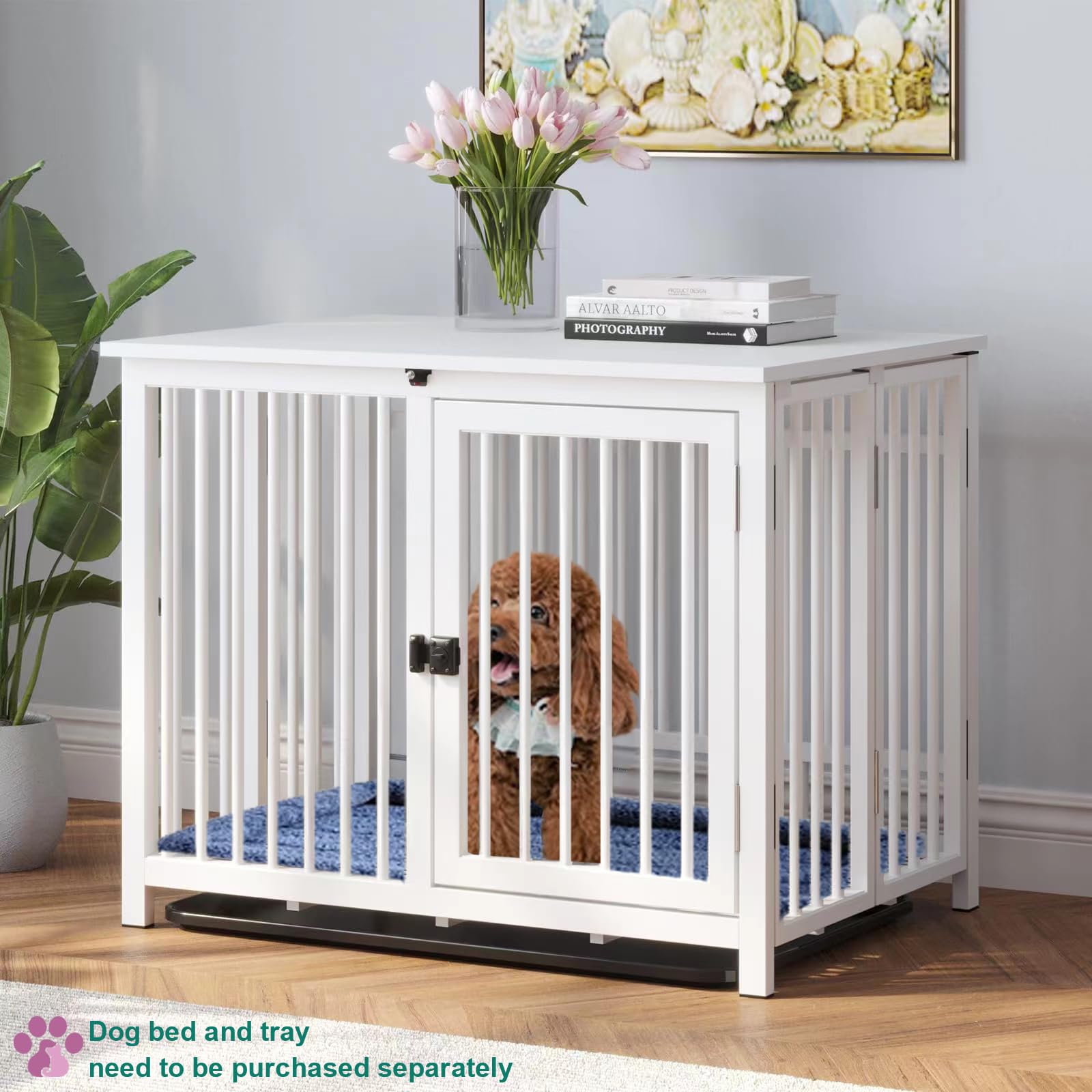 Heavy Duty Dog Crate Furniture - All Metal Frame & Wooden Tabletop, Fully Assembled Modern Kennel for Small Dogs | Foldable Sturdy End Table in White | Perfect for Living Room, Bedroom, or Office Pet Space