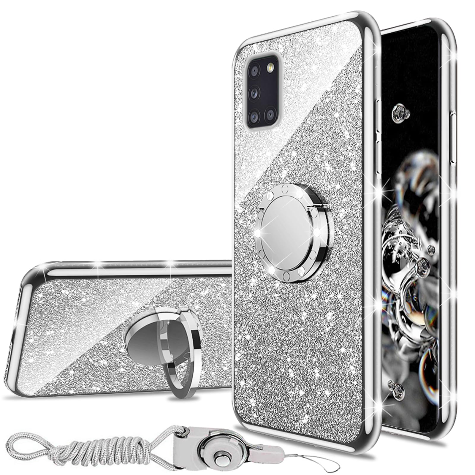 Cute Glitter TPU Phone Case for Samsung Galaxy A31 - Shockproof Protective Cover with Diamond Ring Stand & Strap Lanyard - Silver | Perfect for Women & Girls, Ideal for Daily Use, Work, Travel & Outdoor Activities