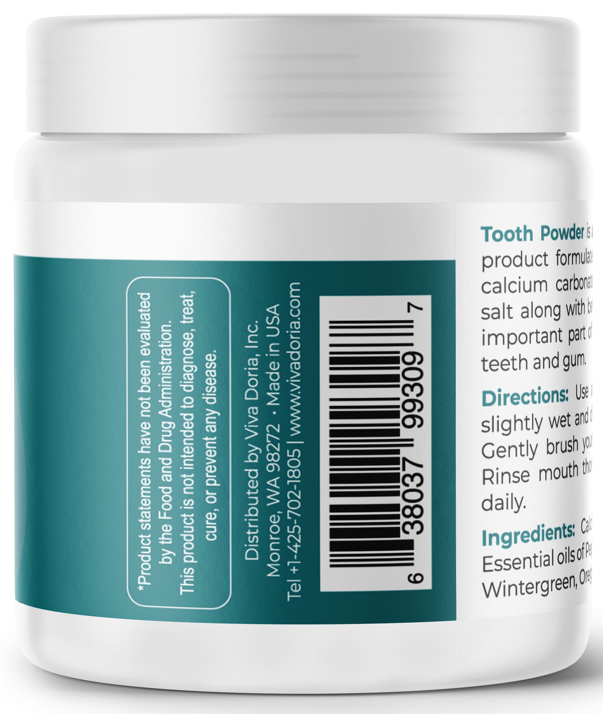 Viva Doria Natural Tooth Powder - Remineralizing & Whitening Dental Powder, Fresh Mint Flavor, 10oz | Chemical-Free Toothpaste Alternative for Sensitive Teeth & Bad Breath Relief | Perfect for Travel, Home Use & Eco-Friendly Oral Care