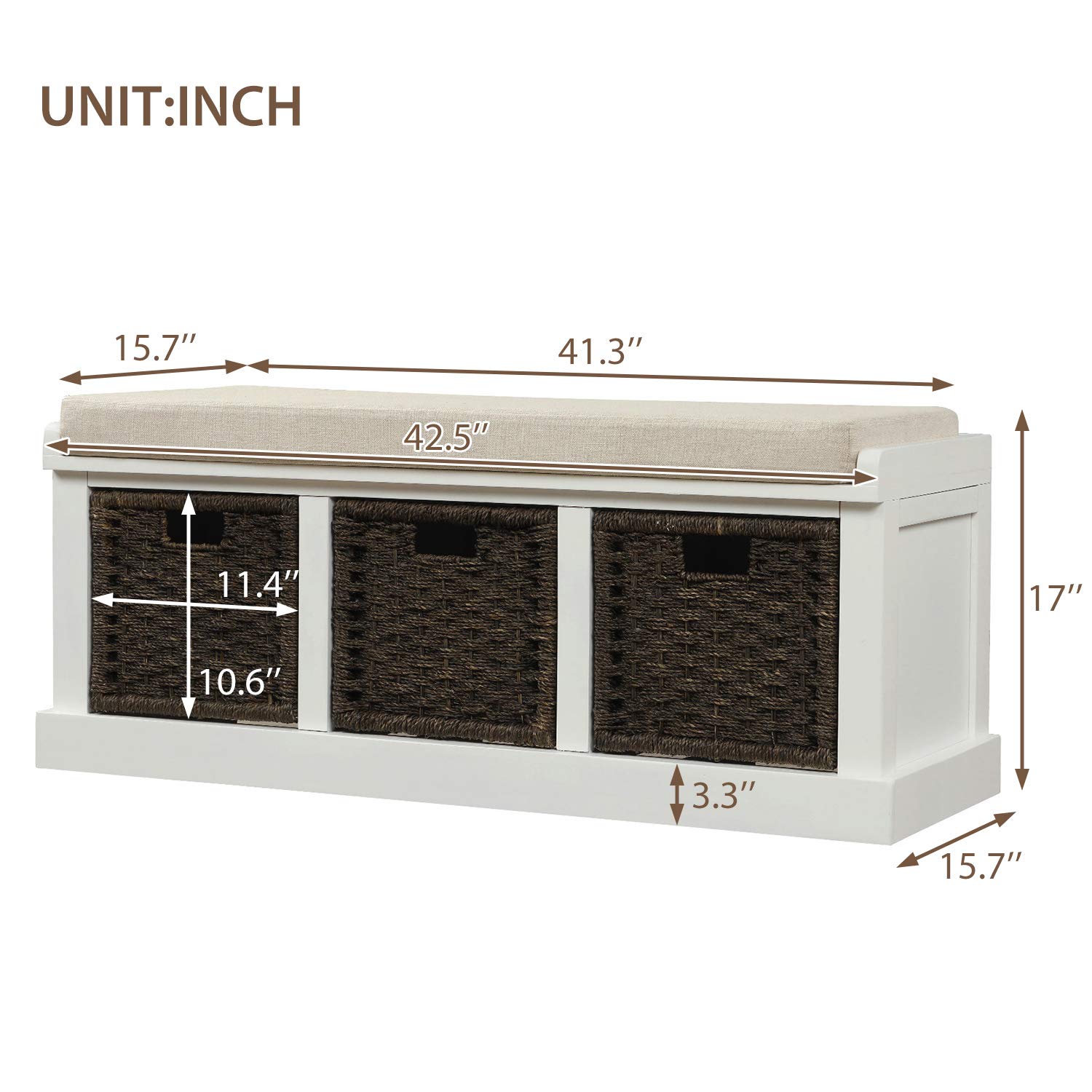 Wicker Storage Bench with 3 Woven Baskets & Removable Cushion - Wooden Entryway Shoe Bench for Hallway, Living Room, Bedroom - White - Perfect for Organizing Shoes, Blankets & Home Decor in Small Spaces