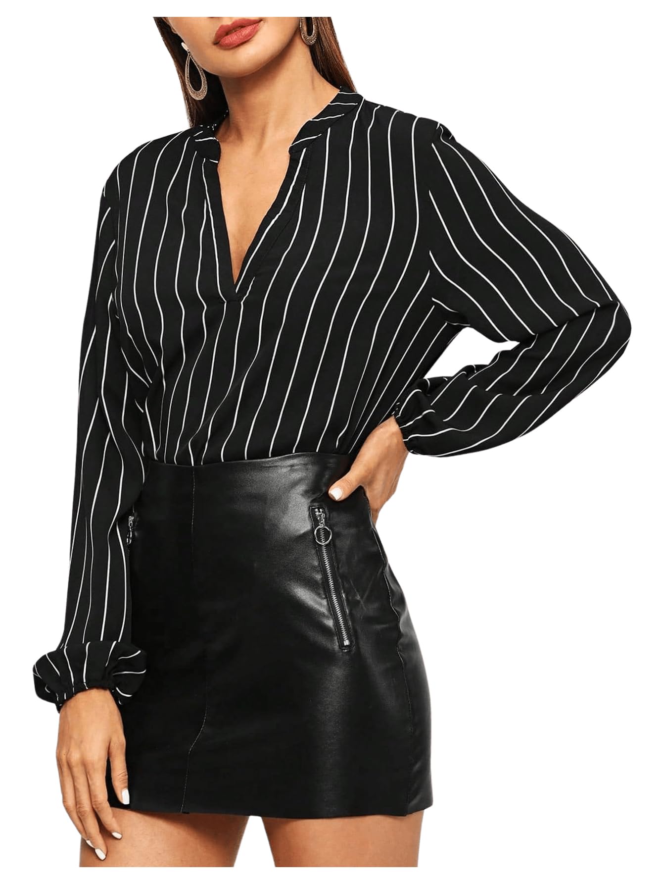 Milumia Women's Elegant Striped V-Neck Long Sleeve Blouse - High Low Hem Work Shirt Tops for Office, Party & Casual Wear | Flattering Fit & Comfortable Stretch Fabric